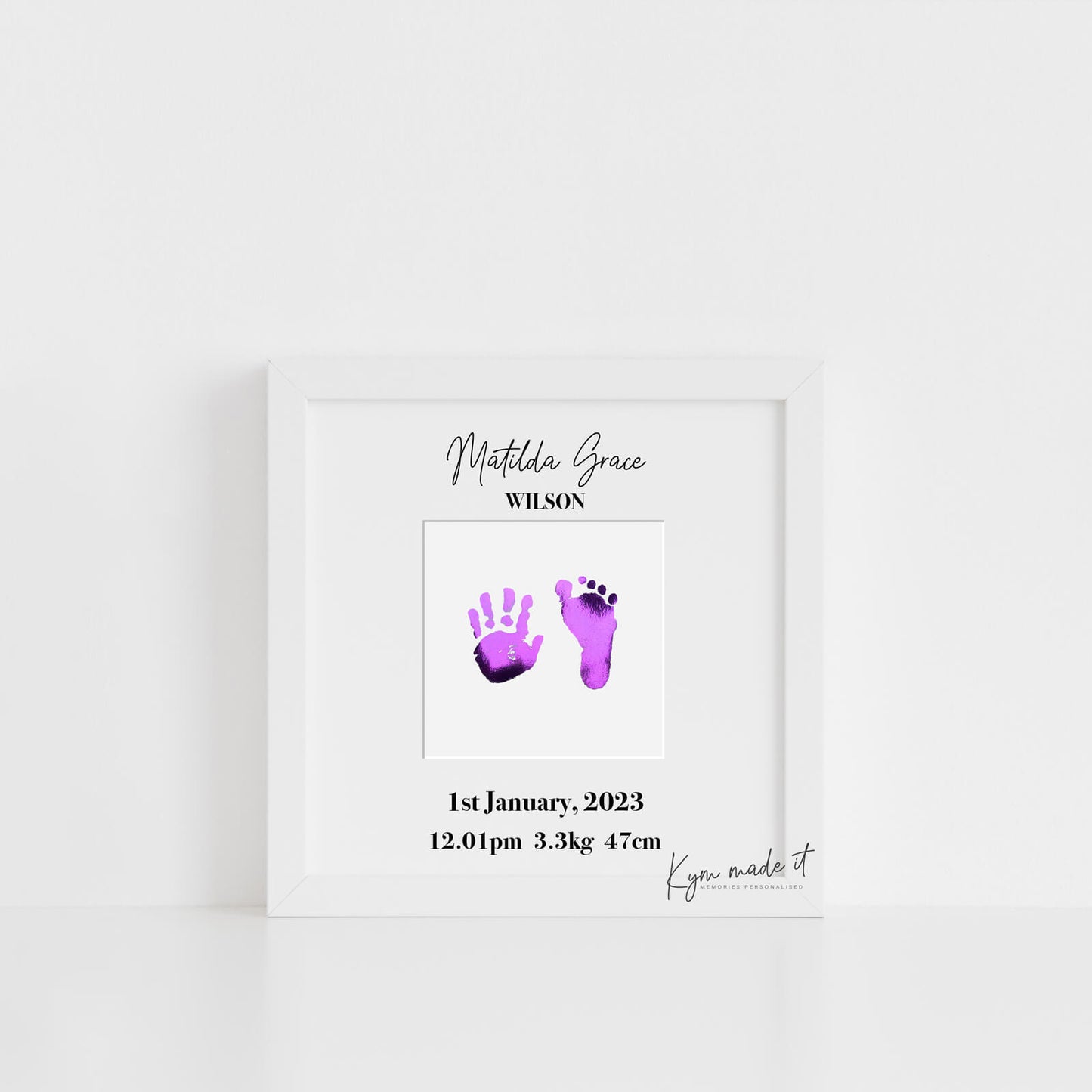 Square Birth Print keepsake by Kym Made It in Purple foil colour.