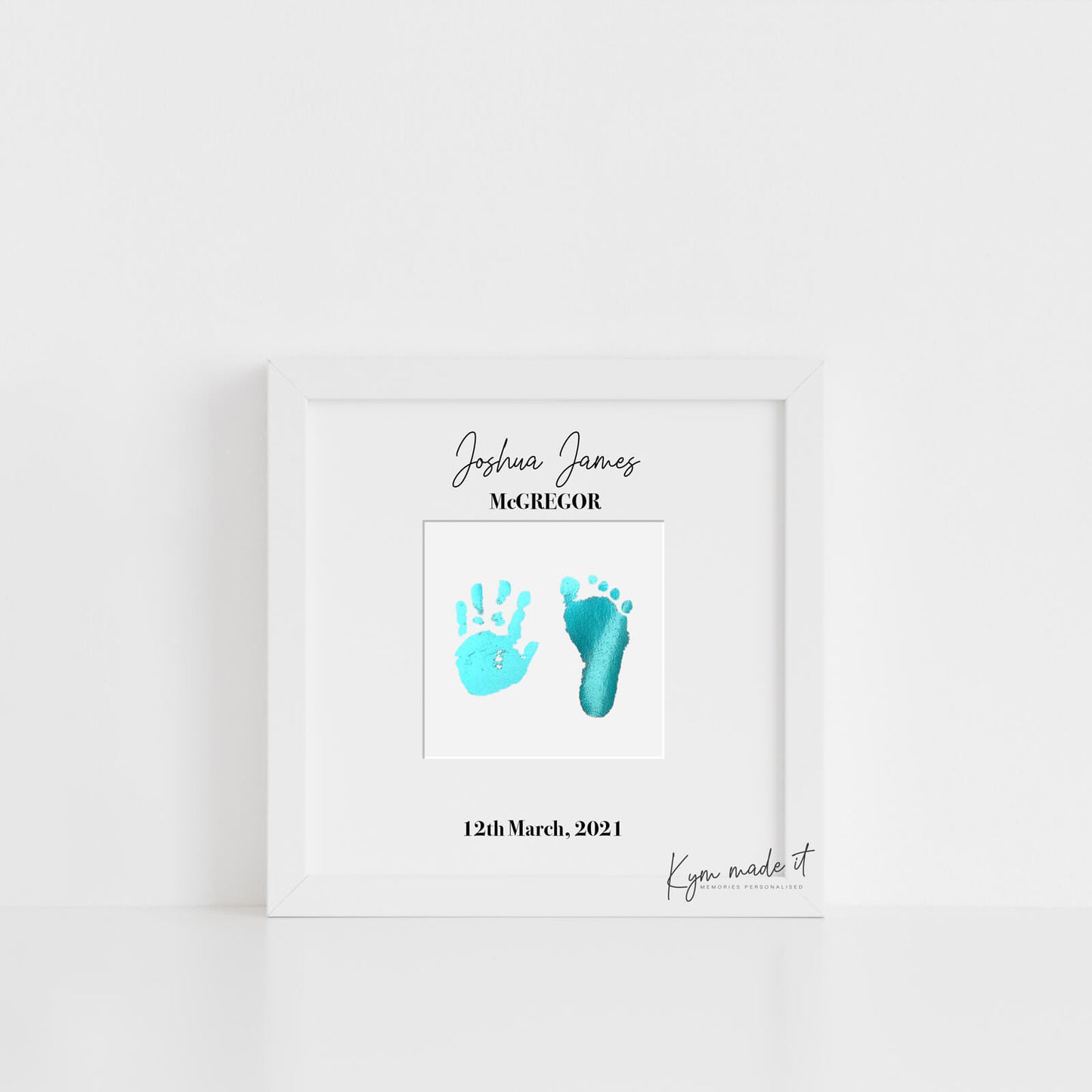 Square Birth Print keepsake by Kym Made It in Turquoise foil colour.