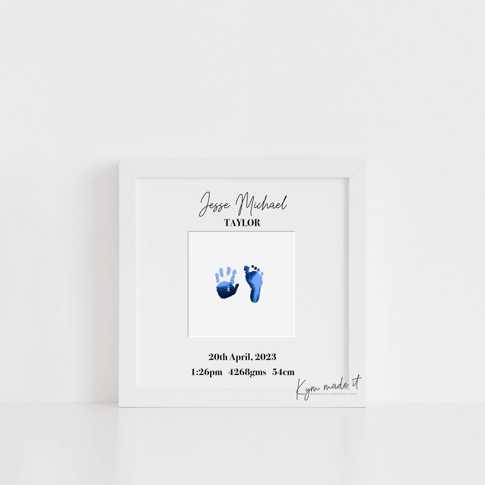 Square Birth Print keepsake by Kym Made It in Deep Blue foil colour.